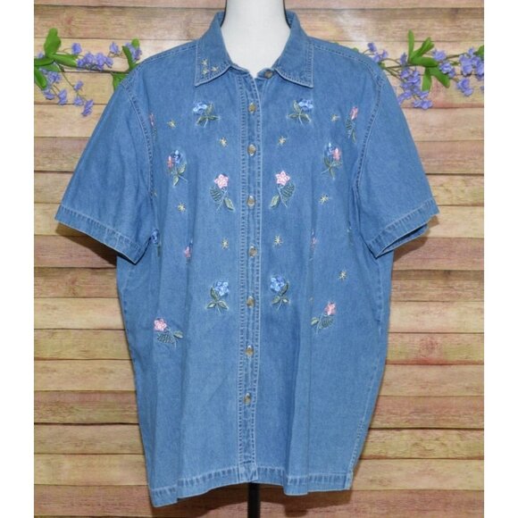 Vintage Bobbie Brooks Blue Embroidered Floral Denim Shirt Top Plus Size 18W 20W - Picture 1 of 9
